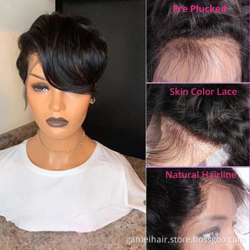 Short Bob  Pixie Cut Wig Straight Human Hair T Part Transparent Lace Wig Side Part Wig For Women Preplucked Hairline